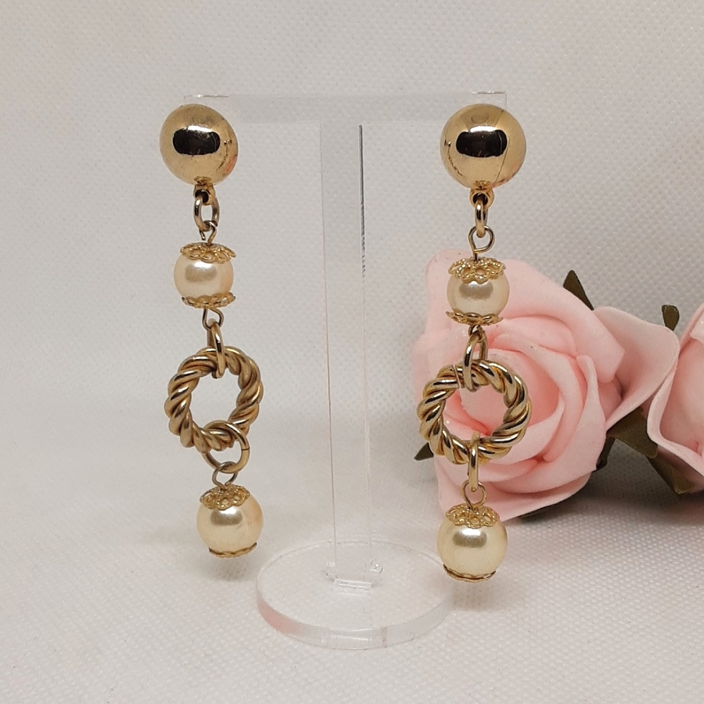 Long Vintage Dangle Earrings Gold Tone Faux Pearl Pierced Beaded 3"